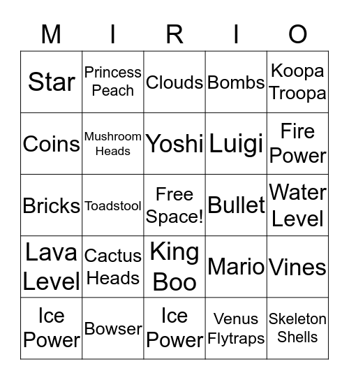Super Mario Bros. Bingo Card