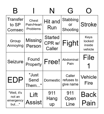 Call Taker Bingo Card