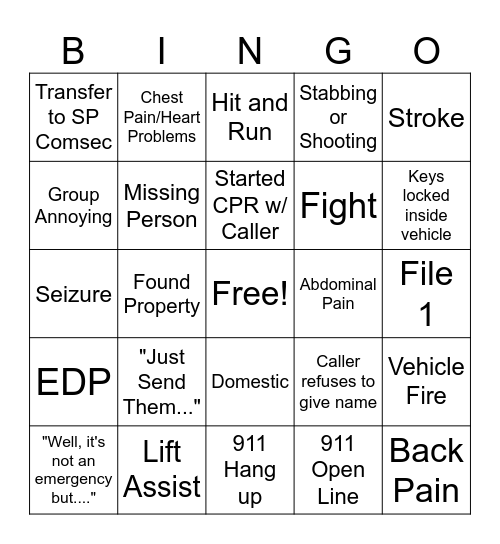 Call Taker Bingo Card