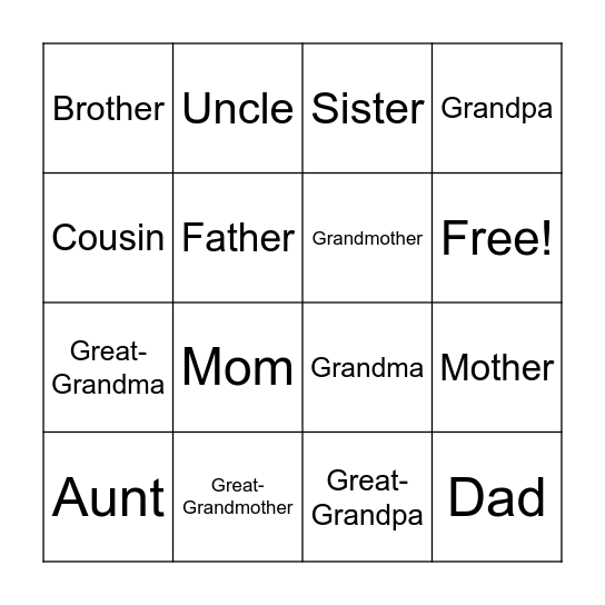 Family Members Bingo Card