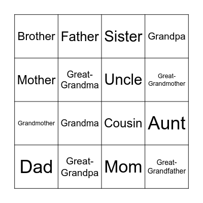 Family Members Bingo Card