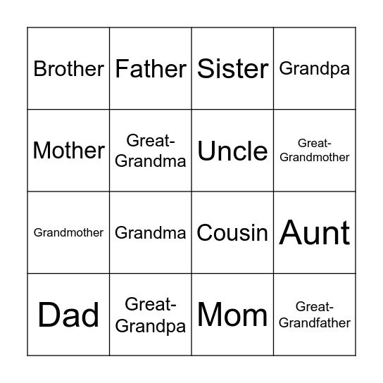 Family Members Bingo Card