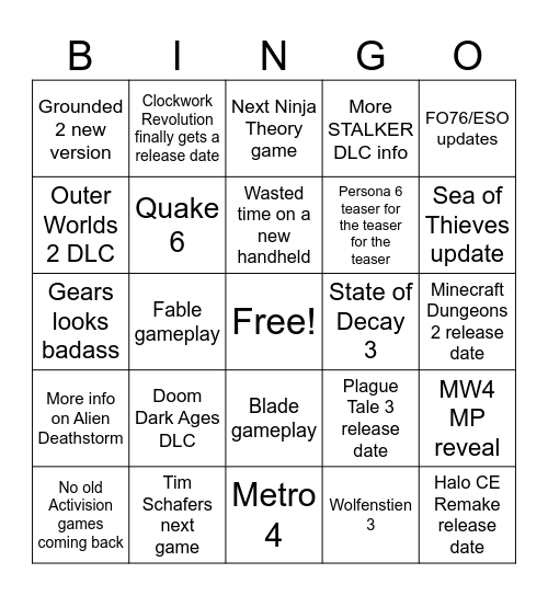 2026 Xbox Show Bingo Card