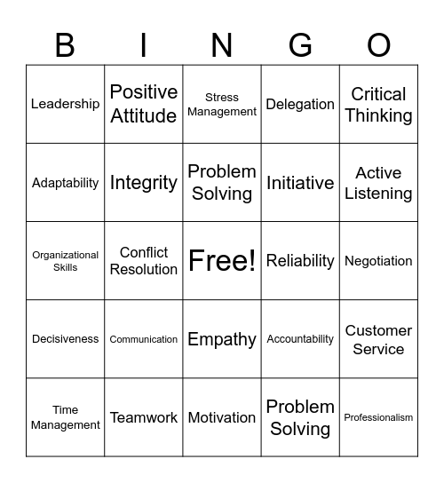 Workplace Skills Bingo Card