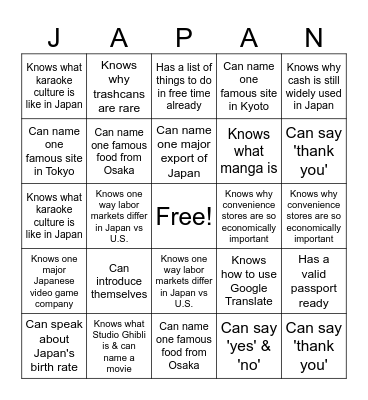 Japan BreakAway Social Bingo Card