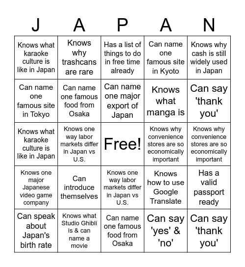 Japan BreakAway Social Bingo Card