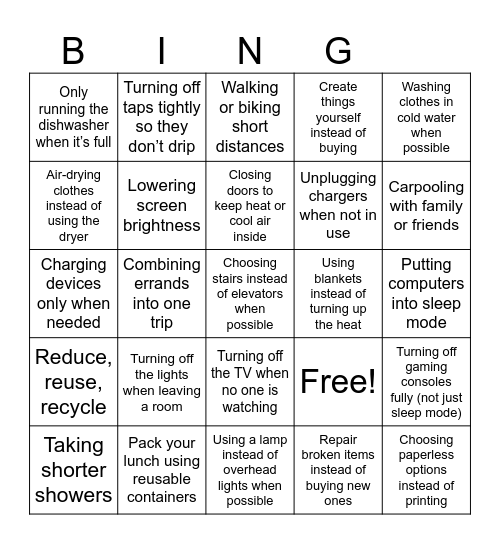 Saving Energy Bingo Card