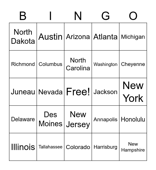 CCSD States and Capitals - Game 1 Bingo Card