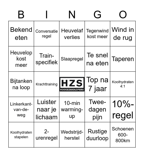 20 hardloopregels voor je wedstrijdvoorbereiding Bingo Card