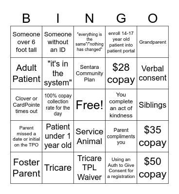 Patient Access Week Bingo Card