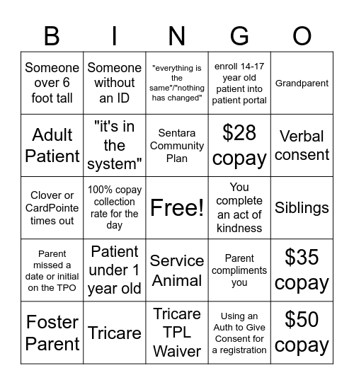 Patient Access Week Bingo Card