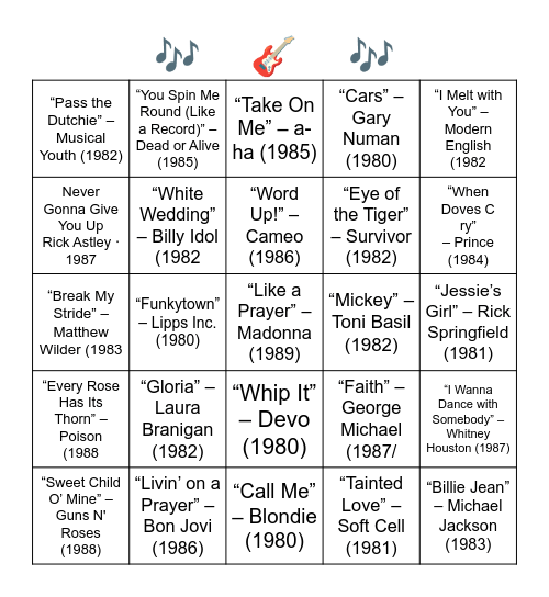 1980'S HIT SONGS Bingo Card
