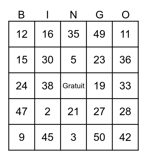 Les numeros a 50 Bingo Card