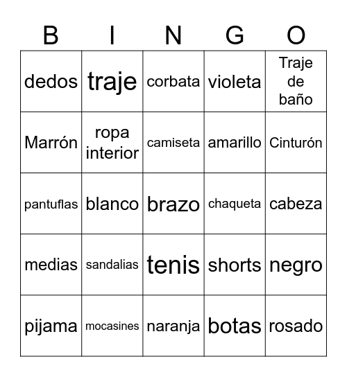 Ropa para Todos Bingo Card