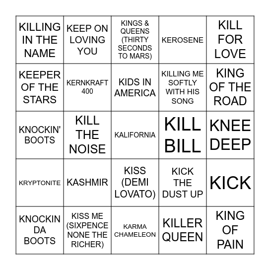 K Bingo Card