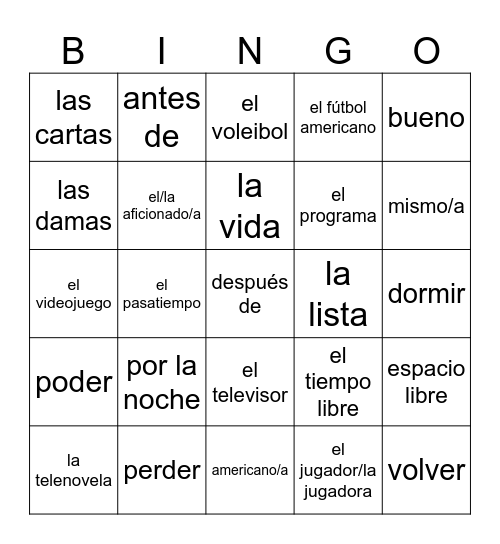 Lotería: Vocabulario 7A Bingo Card