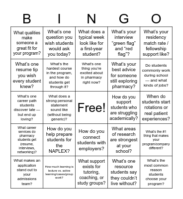 AACP's Virtual Pharmacy School Fair Bingo Card