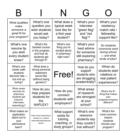 AACP's Virtual Pharmacy School Fair Bingo Card