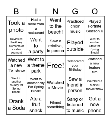 Return from Spring Break Bingo Card