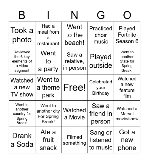Return from Spring Break Bingo Card