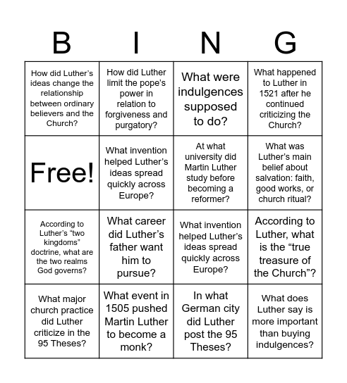MARTIN LUTHER BINGO Card