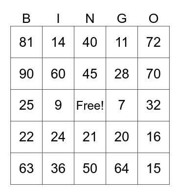 Multiplication Bingo Card