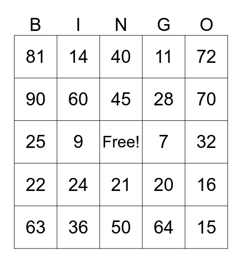 Multiplication Bingo Card