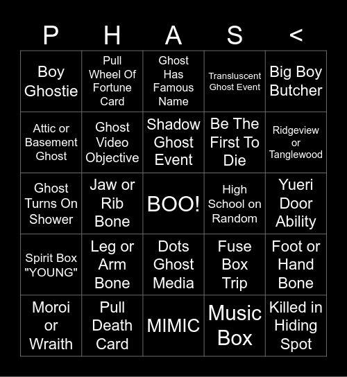 Phasmophobia Bingo Card