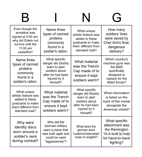 WWI Museum Bingo Card