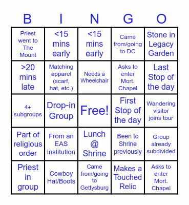 Group Tour Bingo Card