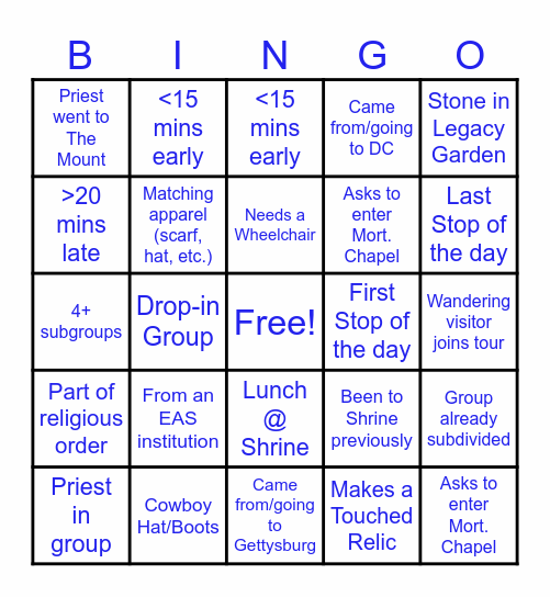 Group Tour Bingo Card