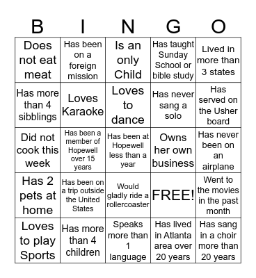 Get to Know You Bingo Card
