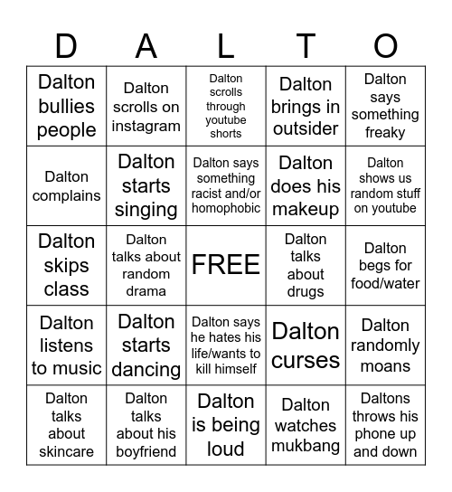 Dalton Bingo Card