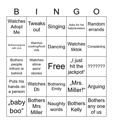 Study Hall Bingo Card