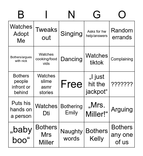 Study Hall Bingo Card