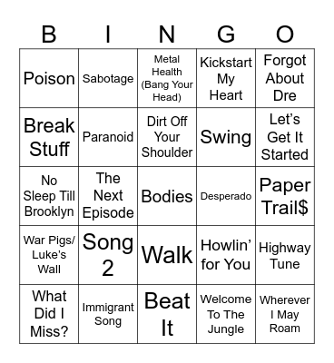 Baseball Walk Out Songs Bingo Card