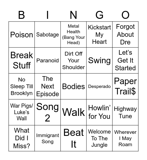Baseball Walk Out Songs Bingo Card