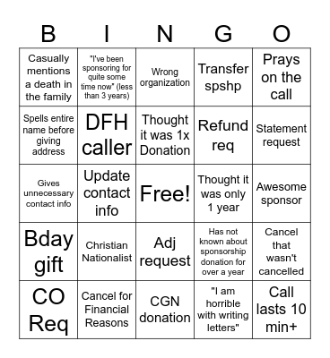 Donor Coordinator Bingo Card