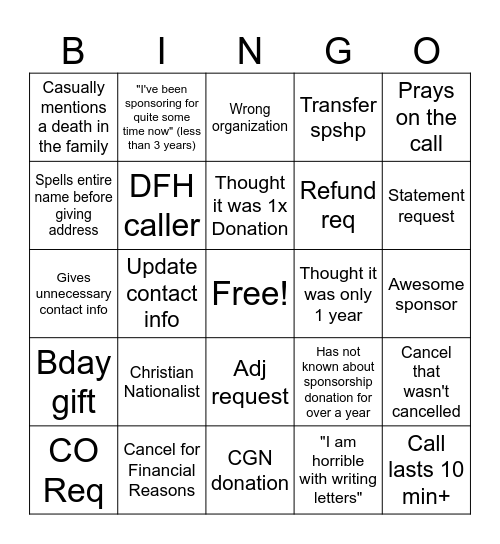 Donor Coordinator Bingo Card
