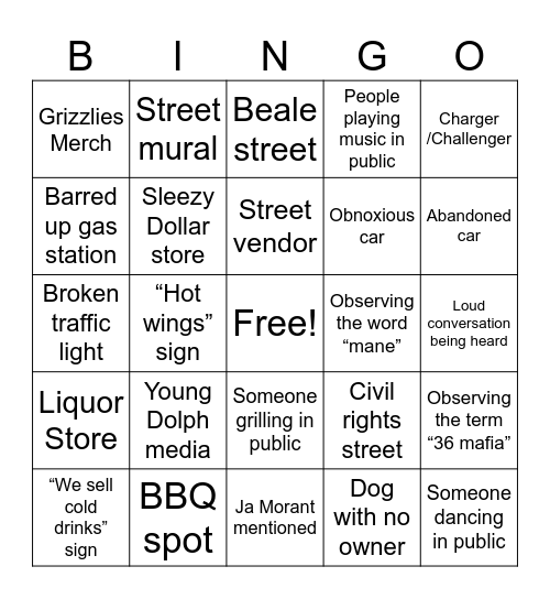 Memphis Bingo Card