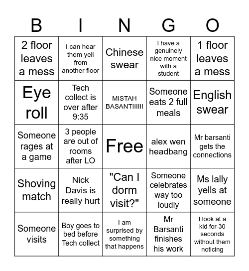 Dorm Bingo Card