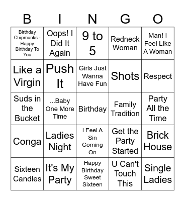 Birthday Party Songs Bingo Card