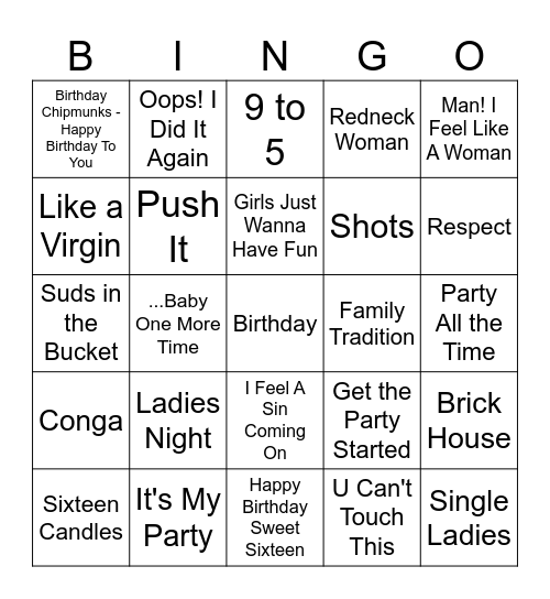 Birthday Party Songs Bingo Card