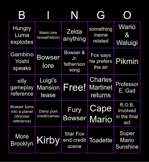 SUPER MARIO GALAXY MOVIE BINGO Card