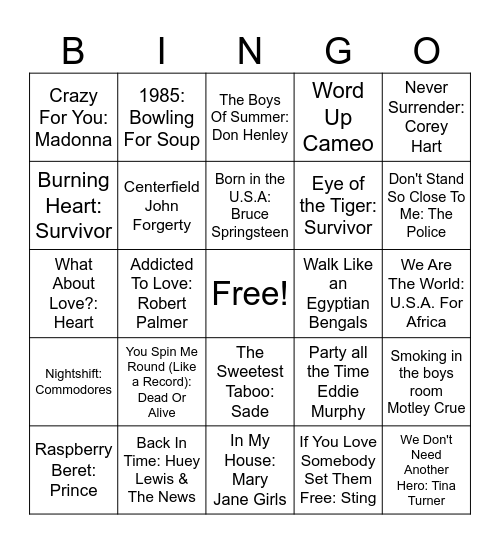 1985 Bingo Card