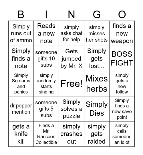 Resident Evil 2 (Claire) Bingo Card