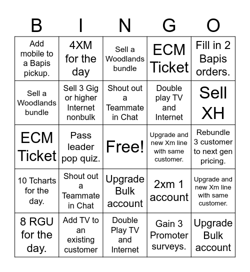 Woodlands Excellence Bingo Card