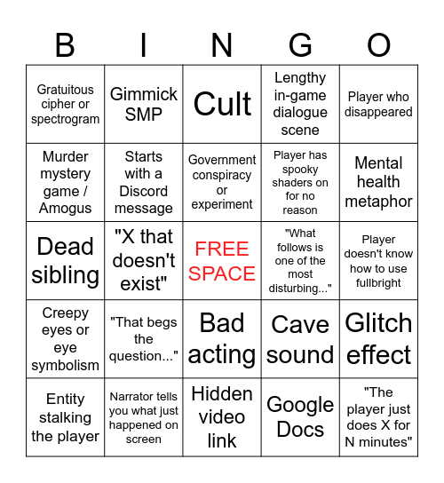 Minecraft ARG bingo Card