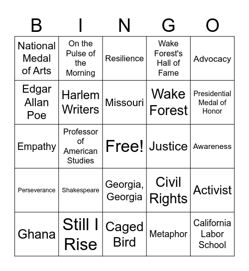 Maya Angelou Bingo Card