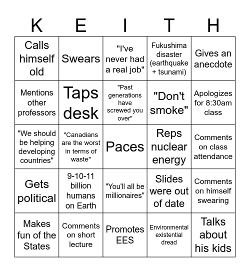 Keith Bingo Card